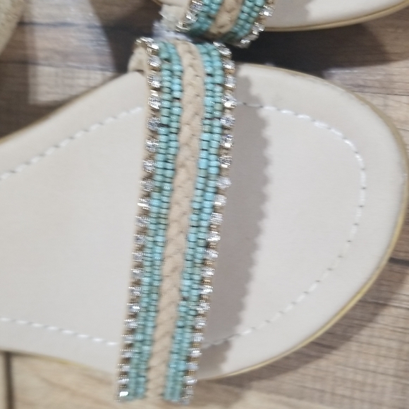 SKEMO Beige, Rhinestone & Turquoise Beaded Wedge Ankle Wrap Sandals - Picture 4 of 14